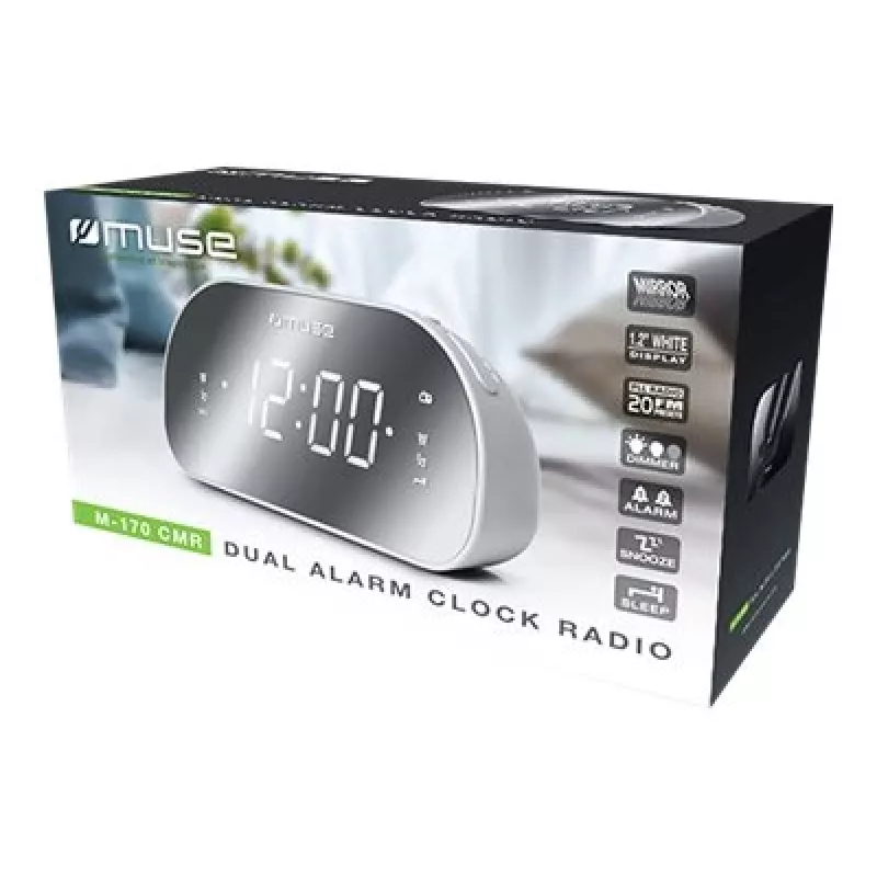 Modinātājpulkstenis Muse M-170CMR — digitālais radio pulkstenis ar 1,2 collu LED displeju, FM uztvērēju, 230V barošanu un AAA rezerves baterijām, spoguļa/baltā krāsā