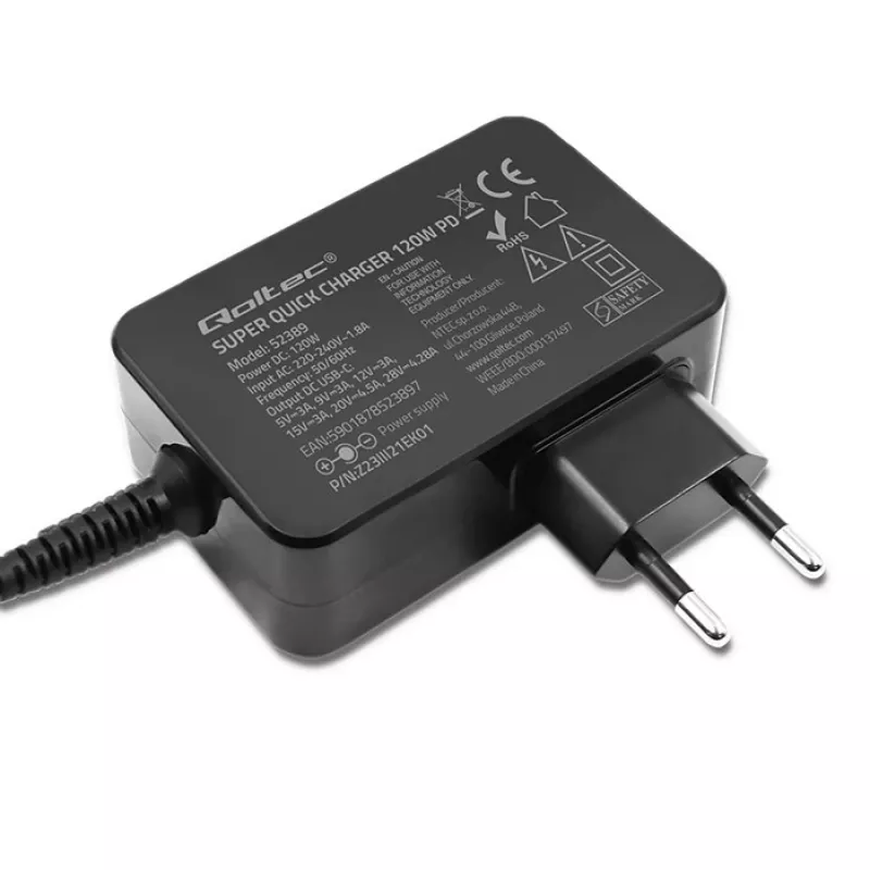 Qoltec PD 120W Turbo ātrais lādētājs | 5-28V | 3-4,5A | USB-C | Melns