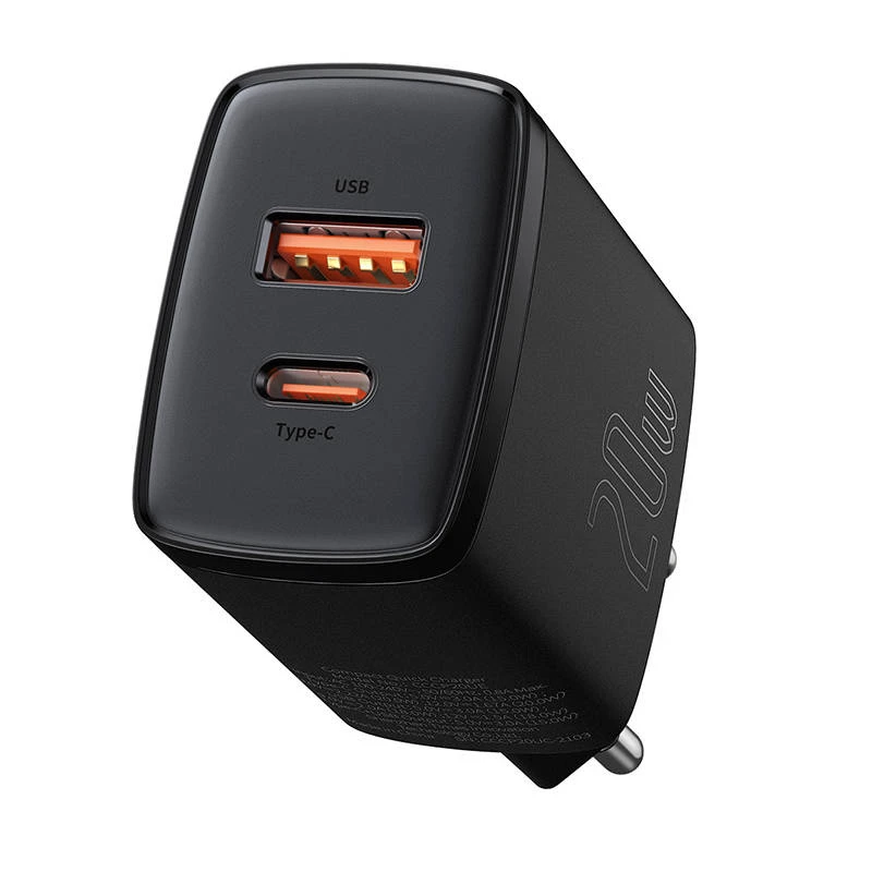Baseus CCXJ-B01 — ātrs lādētājs 2-portu (USB-C PD 20W + USB-A QC3.0 18W), 100–240V, Melns