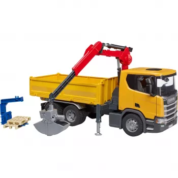 BRUDER Scania Super 560R būvniecības kravas auto ar celtni un 2 paletēm