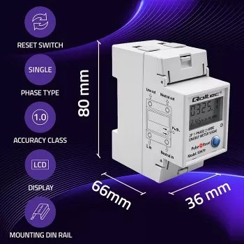 Enerģijas skaitītājs QOLTEC Vienfāzes DIN-sliežu 230V (50979)