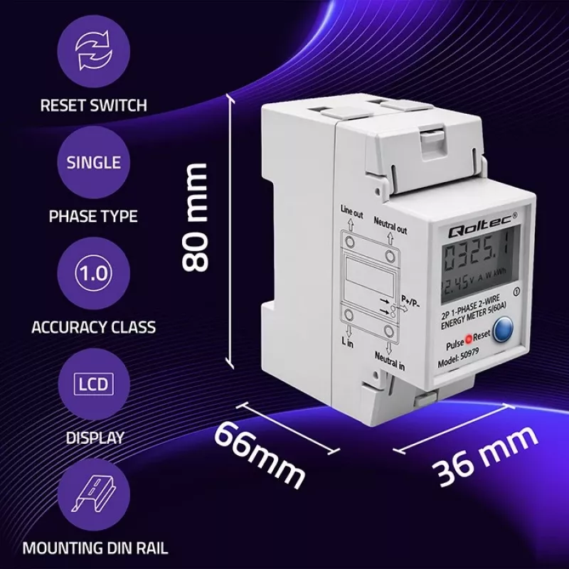 Enerģijas skaitītājs QOLTEC Vienfāzes DIN-sliežu 230V (50979)