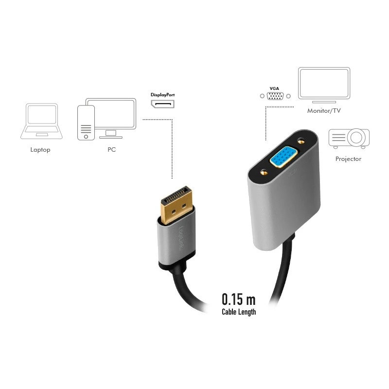 LogiLink CDA0109 Pārveidotājs DisplayPort uz VGA 0.15m Melns Pelēks