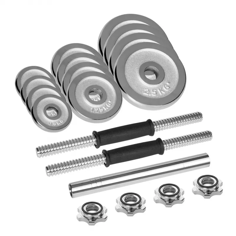 Regulējamas hanteles Rebel Chrome 20 kg ar futrāli un stieņu stieņiem (2) — plāksnes 2.5kg, 1.25kg, 0.5kg