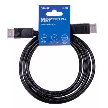 DisplayPort kabelis SAVIO CL-136, DisplayPort vīriešu–vīriešu, 2 m, DP 1.2, zelta kontakti, melns