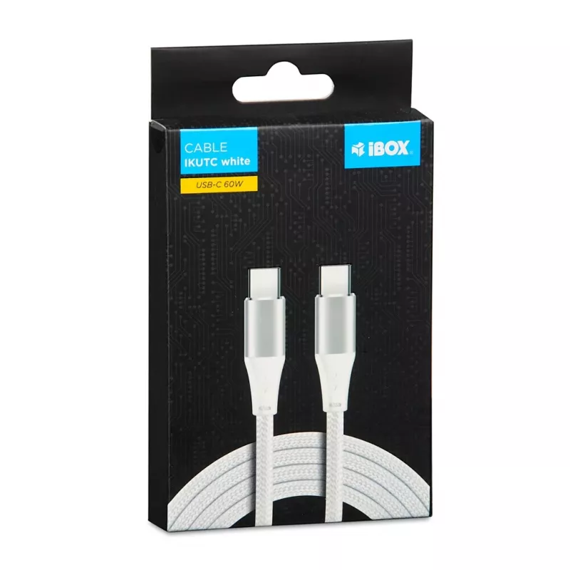 USB-C uz USB-C kabelis IBOX IKUTC1W 1 m, USB 2.0, 3 A, balts, tekstila pinums