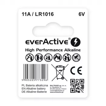 Baterija automašīnas tālvadības pultij everActive 11A LR1016 MN11 6V sārma, poga 10,3×16 mm, 1 gab.