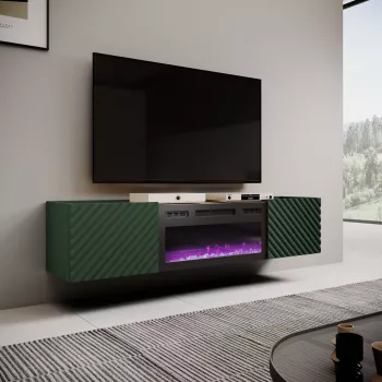 TV skapis ar elektrisko kamīnu Cama Meble ONDA 180.5×40×58.0 cm, skaidu plātne, zaļš, brīvstāvošs vai pie sienas
