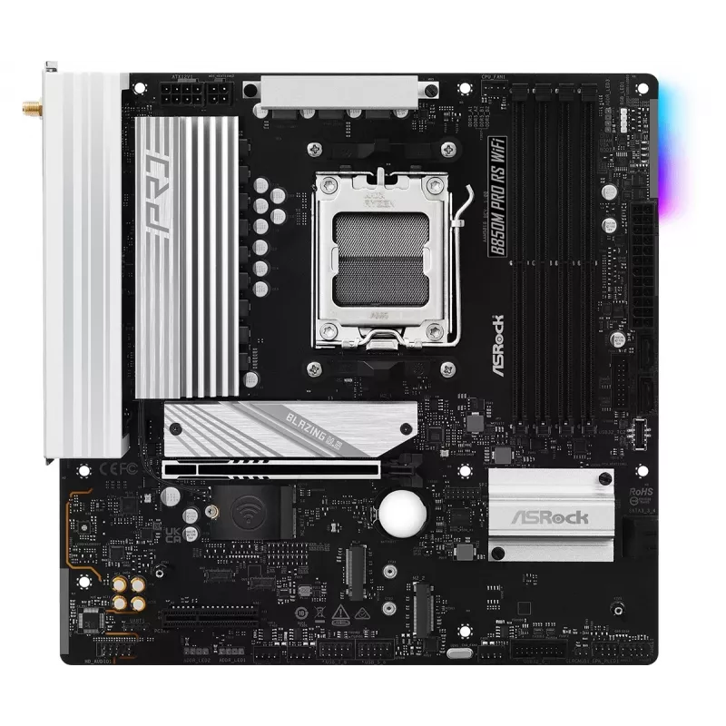 Mātesplate ASRock B850M Pro RS WiFi — AMD B850, Socket AM5, microATX, DDR5, 4 DIMM, 256GB, Wi‑Fi 6E, 2.5Gb LAN, 3x M.2