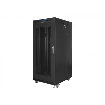 Montāžas skapis 19 inch 27U 600x800 melns, perforētas durvis ar LCD (plakanā iepakojumā)
