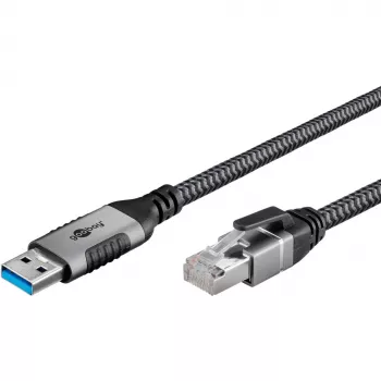 USB-A 3.2 Gen1 uz RJ-45 tīkla adaptera kabelis, 5 m, pīts tekstila apvalks, melns/sudrabs