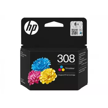 HP 308 Tri-color Original Ink Kasetne, Standarta ietilpība, Ciāna, Fuksīna, Dzeltena, Uz tintes bāzes, 1 gab., 120 lpp., Kombopaka
