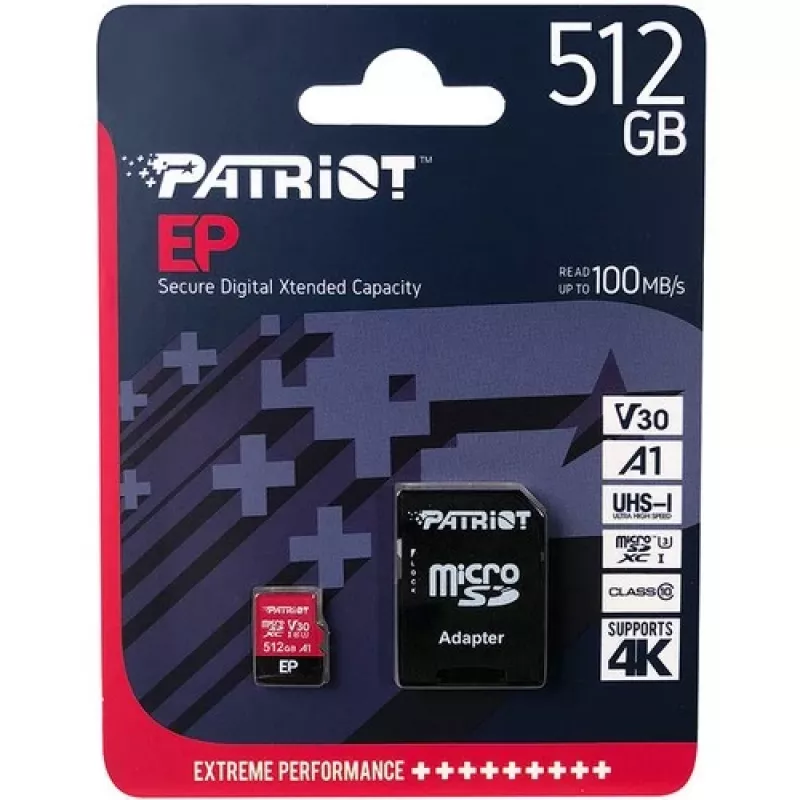 PATRIOT 512GB MicroSDXC UHS-I U3 V30 Class 10 atmiņas karte, 90 MB/s lasīšana, adapteris iekļauts