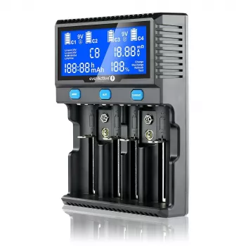 everActive UC-4200 Universāls akumulatoru lādētājs 12V 3A, atbalsta AA/AAA/C/9V, 4 šūnas, melns, iebūvēts displejs