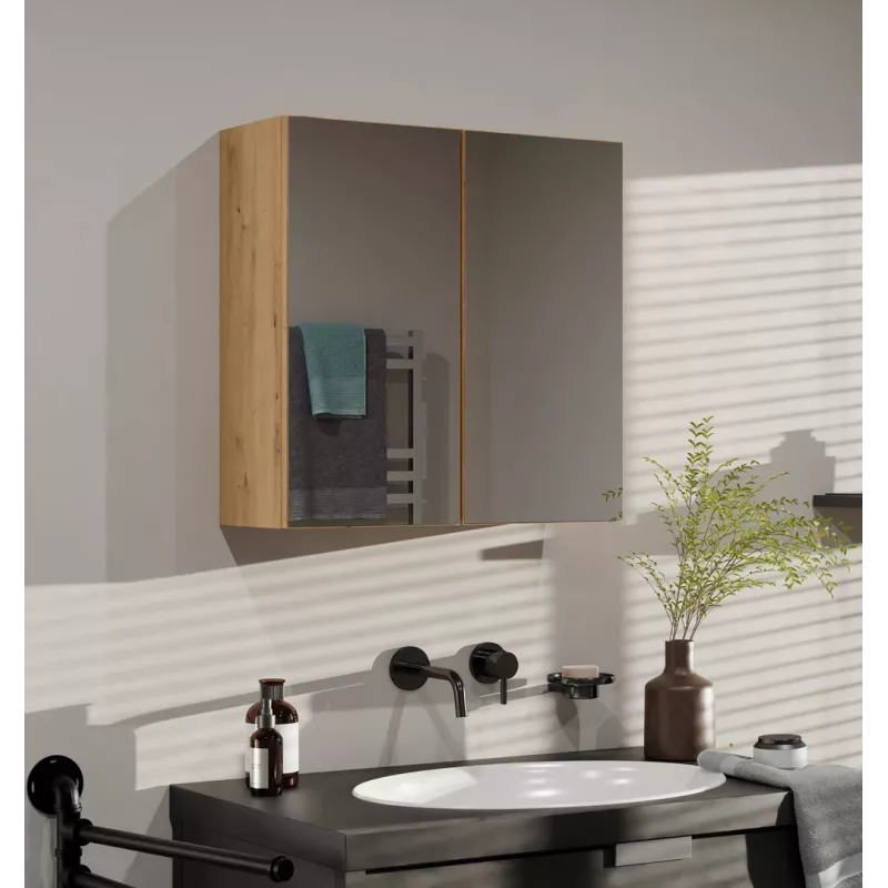 Pie sienas montējama vannas istabas skapja virspuse POLA 2DL ARTISAN — ozola krāsā, 600×220×600 mm, 3 plaukti
