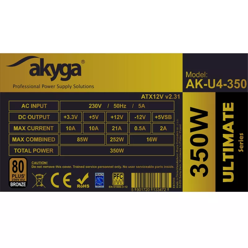 Akyga AK-U4-350 Ultimate 350 W ATX barošanas bloks, 80 PLUS Bronze, aktīvais PFC, 120 mm ventilators