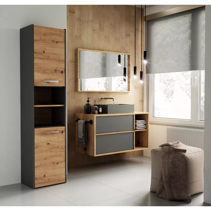 Brīvstāvošs vannas istabas skapis Top e Shop S40 ANTRACĪTS/ARTISĀNS, 400×300×1700 mm, 6 plaukti, 2 durvis