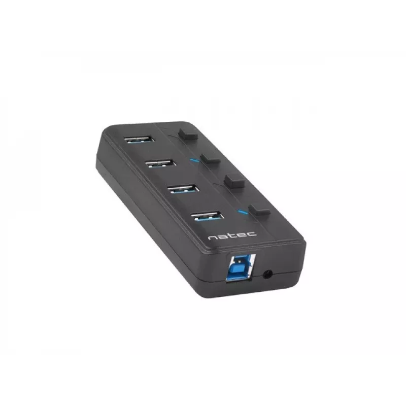 USB centrmezgls NATEC MANTIS USB 2.0 Type-B — 4x USB 3.2 Gen 1 Type-A porti, melns, 0,8 m kabelis, tīkla adapteris, barošanas slēdzis
