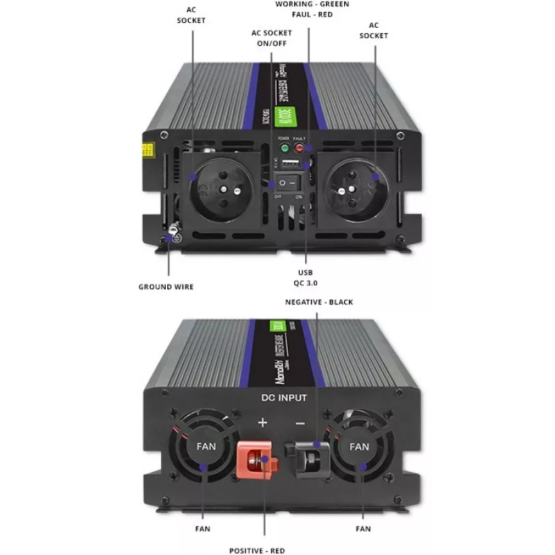 QOLTEC Monolith 3000 MS Wave tīkla invertors, 12V→230V, 1500/3000W, ar USB