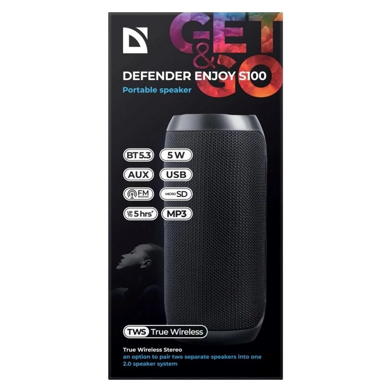 Portatīvais Bluetooth skaļrunis DEFENDER ENJOY S100 — 10W, Bluetooth 5.3, 5h akumulators, LED apgaismojums, iebūvēts mikrofons