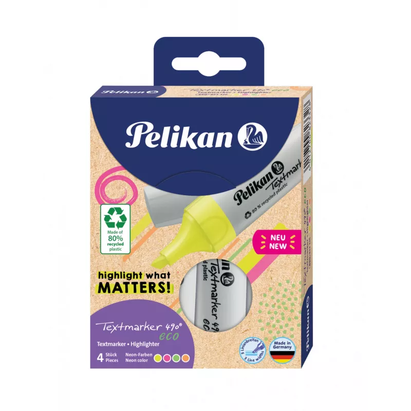 Pelikan Textmarker 490 eco marķieru komplekts 4 gab., slīpais gals, zaļa, oranža, rozā, dzeltena