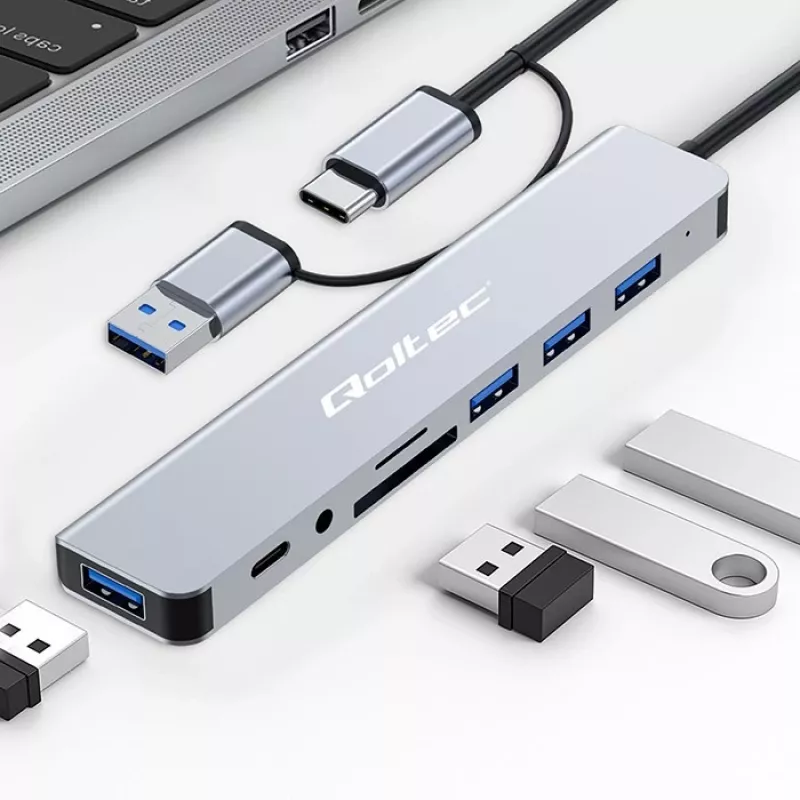 QOLTEC USB-C centrmezgls 4x USB + SD/TF karšu lasītājs modelis 53794