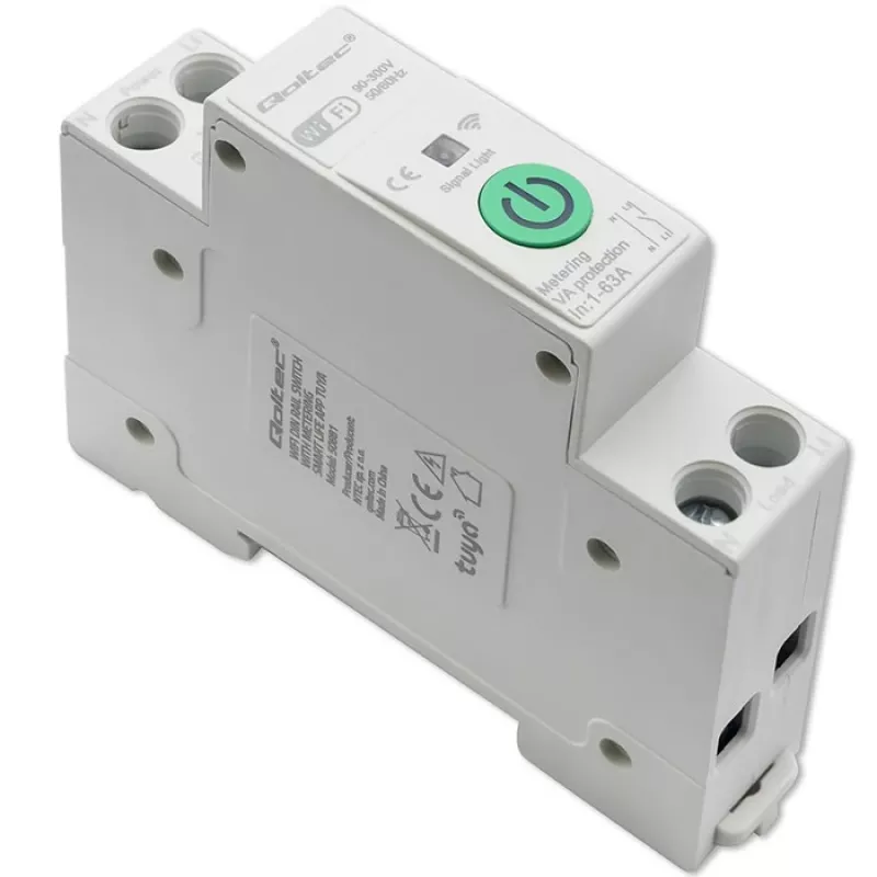 DIN-sliedes WiFi relejs QOLTEC 50881 — komutācijas relejs 63A elektroinstalācijām