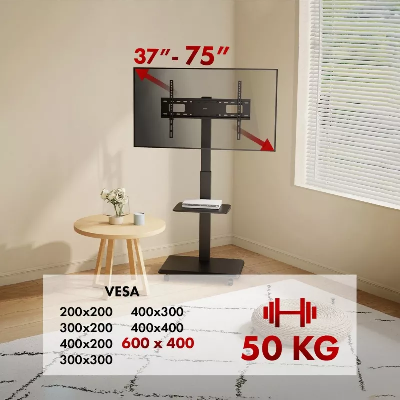 Grīdas TV statīvs ergo office ER-304 B, max slodze 50 kg, VESA 600x400