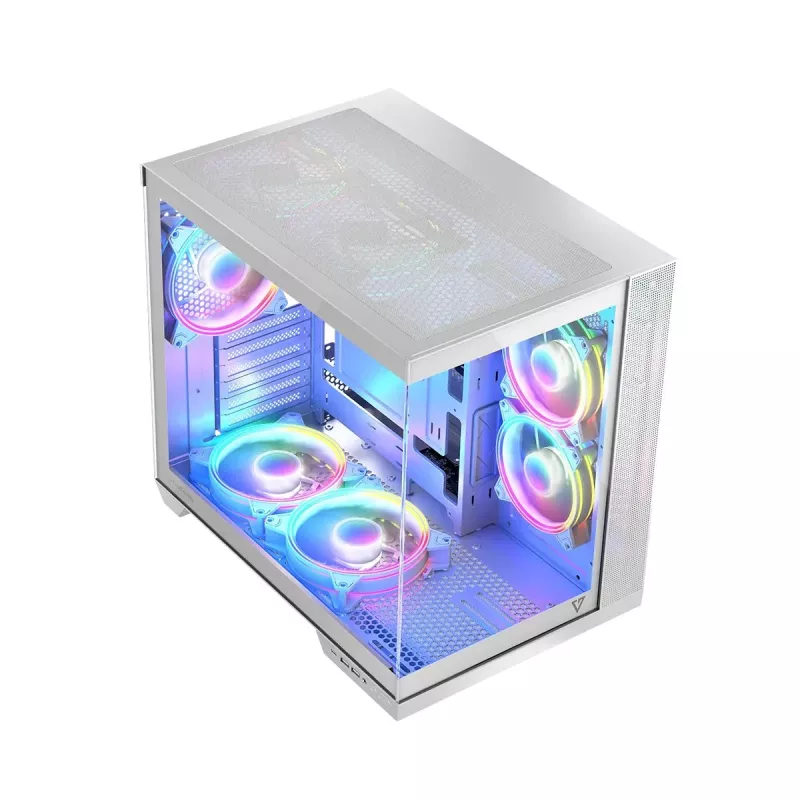 PC korpuss MODECOM Volcano Panorama Midi Tower balts — micro ATX, rūdīts stikls, ARGB, USB-C, atbalsta GPU līdz 400 mm