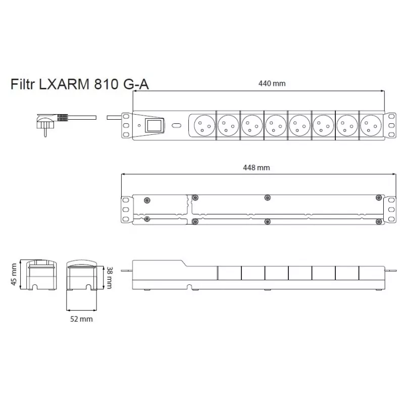 LESTAR LXARM 810 G-A K.:CZ 1,5M 19PDU Melns 8 kontaktligzdas 230 V 1.5 m