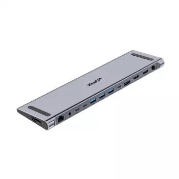 KVM slēdzis Unitek D1106AGY01 USB-C trīskāršā 4K dokstacija ar KVM, 3x USB-A, 5x USB-C, HDMI×2, DP×1, RJ-45, SD lasītājs, 3840×2160@60Hz, alumīnijs
