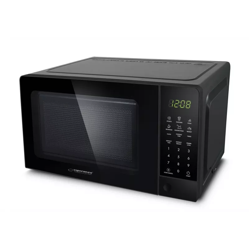 Solo mikroviļņu krāsns ESPERANZA EKO009 — 700 W, 20 L, LED displejs, skārienvadība, 24,5 cm stikla pagrieziena galds, melna