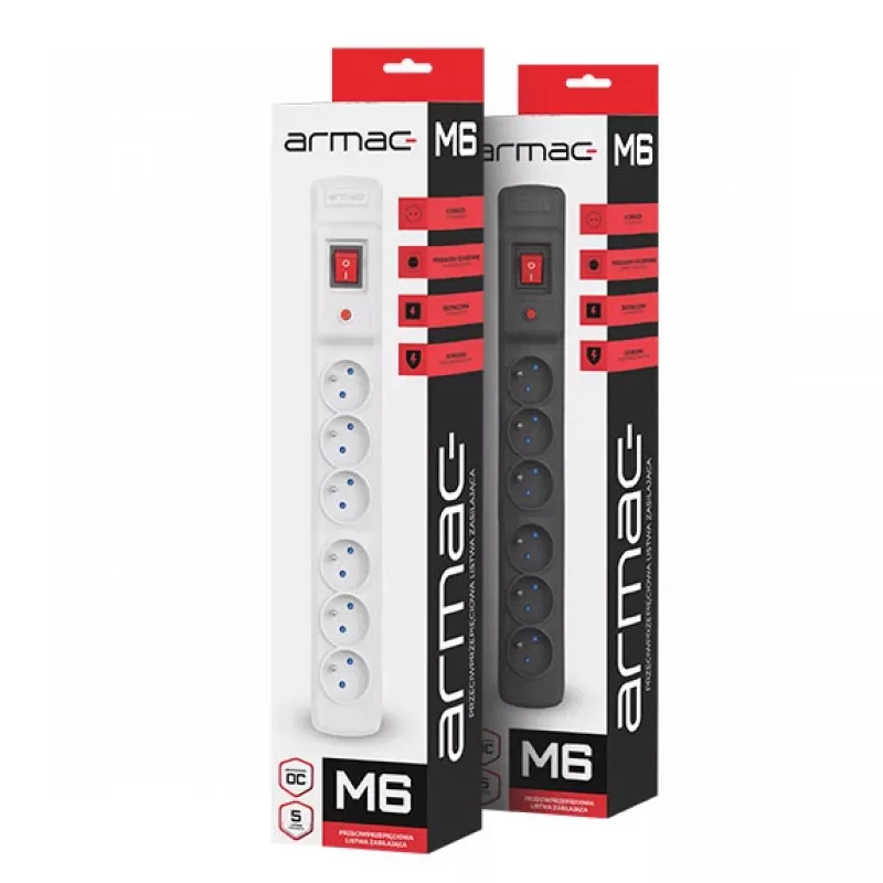 Armac Multi M6 | pagarinātājs ar pārsprieguma aizsardzību, 6 kontaktligzdas, 5m kabelis, melns