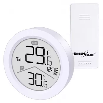GreenBlue GB162 bezvadu laikapstākļu stacija, iekštelpu/āra temperatūra, pulkstenis, °C/°F, diapazons līdz 60 m