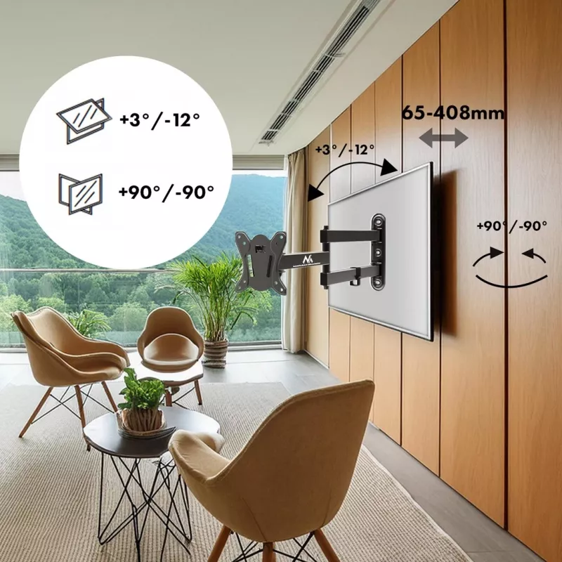 Maclean MC-417 Pilnas Kustības TV un Monitora Sienas Stiprinājums 13-32 collas 30kg VESA 100x100 Melns Pulverkrāsots Universāls Turētājs Kronšteins Regulējams Attālums no Sienas Grozāms Slīpējams