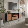 Kumode Cama Meble Volare 200 x 39 x 75 cm, melns/valrieksts, skaidu plate, ar kamīnu