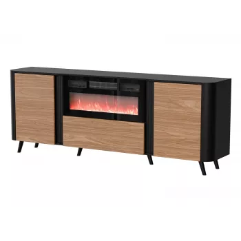 Kumode Cama Meble Volare 200 x 39 x 75 cm, melns/valrieksts, skaidu plate, ar kamīnu