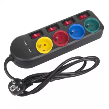 Pagarinātājs MACLEAN MCE229B — 4 AC kontaktligzdas, 2× USB-A, 1,5 m kabelis, 10 A, F tips, iekštelpām, melns