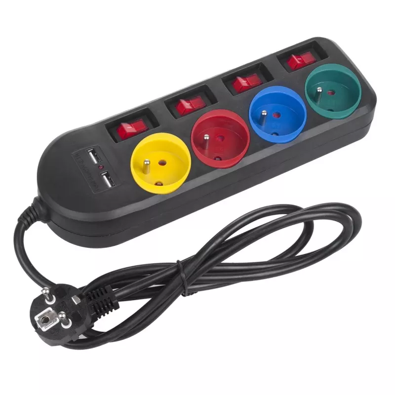 Pagarinātājs MACLEAN MCE229B — 4 AC kontaktligzdas, 2× USB-A, 1,5 m kabelis, 10 A, F tips, iekštelpām, melns