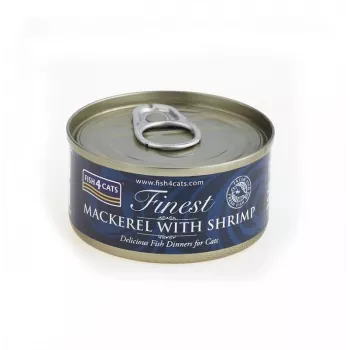 Slapjā kaķu barība FISH4DOGS Makrele ar garnelēm 70 g — pieaugušiem kaķiem, zivju garša, skārdenē, bez lipekļa