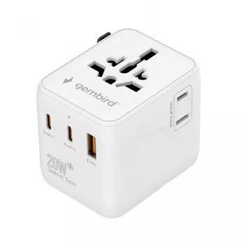 Ceļojumu lādētājs GEMBIRD TPA-1A2C20-01-W — 20 W, USB-A (18 W) + 2× USB-C (20 W), E tipa kontaktdakša, balts