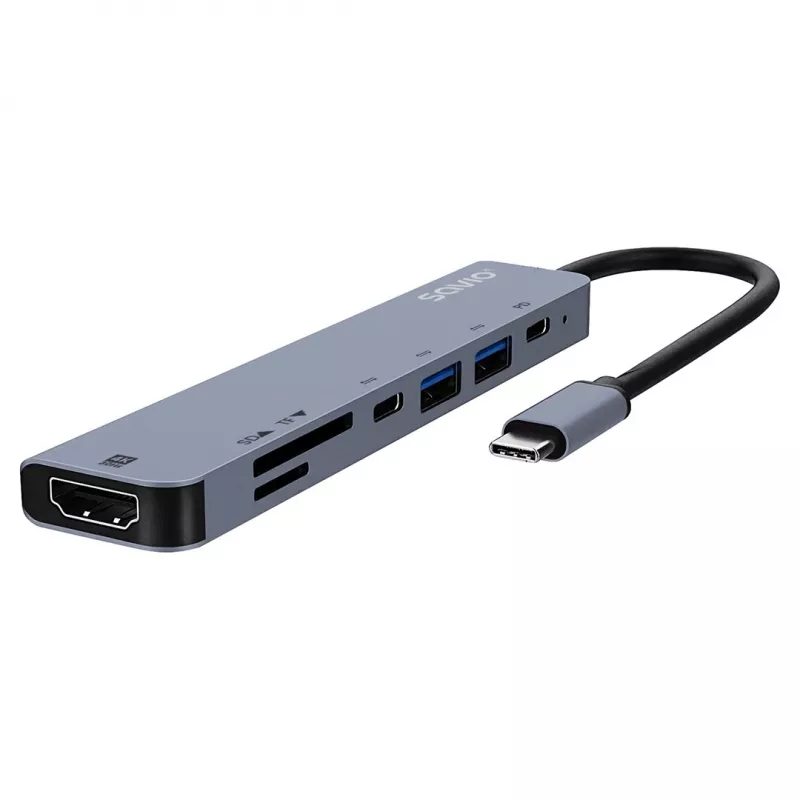 USB Type-C centrmezgls SAVIO AK-82 ar HDMI, MicroSD, USB 3.2 Gen1, PD caurlaidi, 4K@30Hz, 5000 Mbit/s, melns