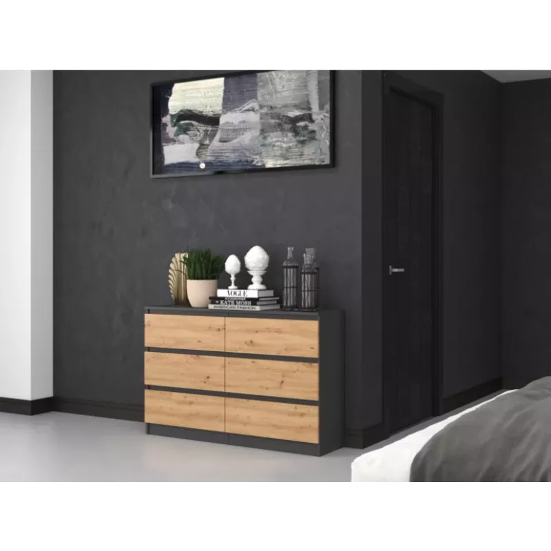 Kumode Top e shop M6 120 — Antracīts/Ozols, 6 atvilktnes, 1200×300×770 mm, skaidu plātne