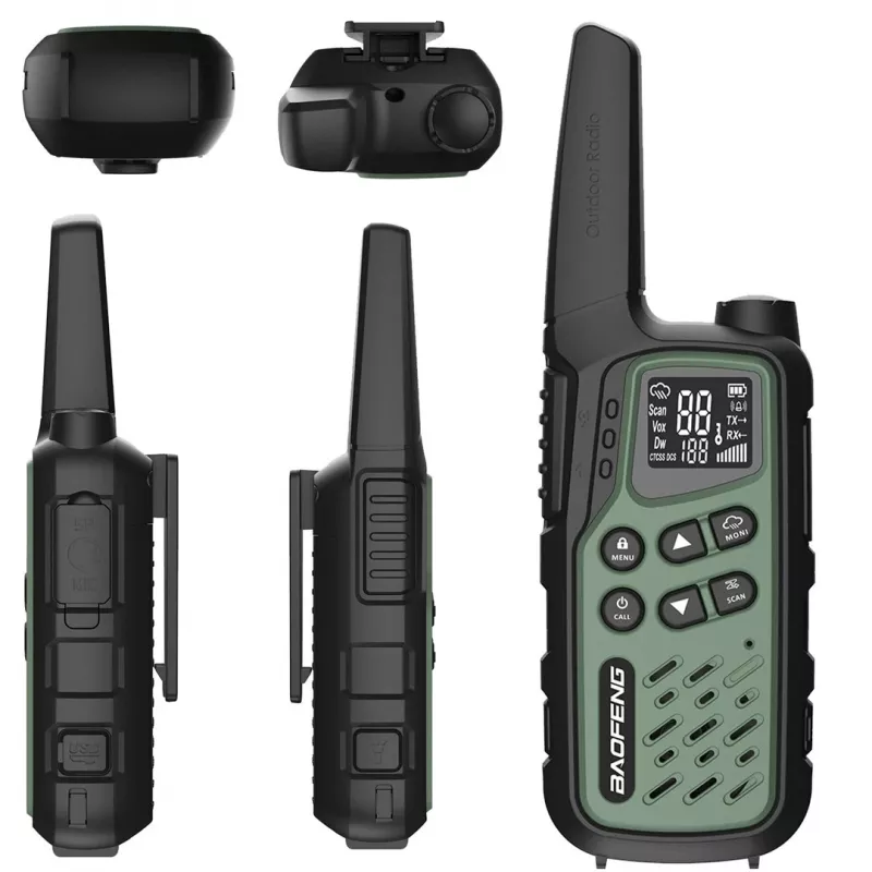 Pārnēsājamas rācijas Baofeng BF-T25E komplekts — 16 kanāli, 2×1400 mAh Li-Ion, VOX, LCD, zaļš, 2 gab.