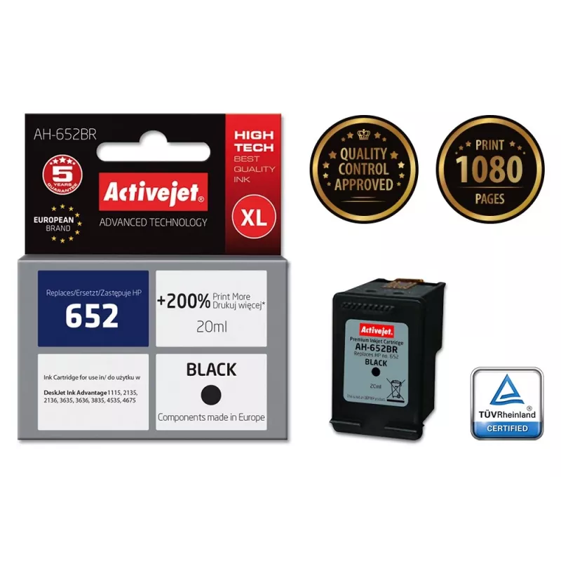 Kasetne ActiveJet AH-652BR saderīga ar HP, melna pigmenta tinte, 20 ml, augstas (XL) ražības