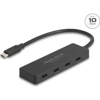 USB Type-C centrmezgls DELOCK 64322 — 4× USB-A porti, 10 Gbps, melns