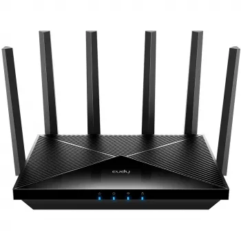 Galda maršrutētājs Cudy WR11000 — trīsjoslu 2.4/5/6 GHz, Wi‑Fi 7, 4× 2.5 Gigabit LAN, 5765 Mbps 6 GHz joslā, 512 MB RAM