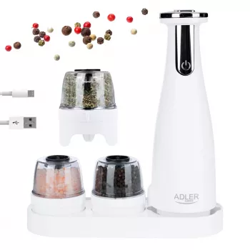 Sāls un piparu dzirnaviņu komplekts Adler AD 4449W Steel White, keramikas dzirnakmens, 150 ml, USB-C uzlāde