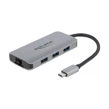 USB-C dokstacija Delock 63252 ar 3× USB-A, USB-C PD un Gigabit LAN