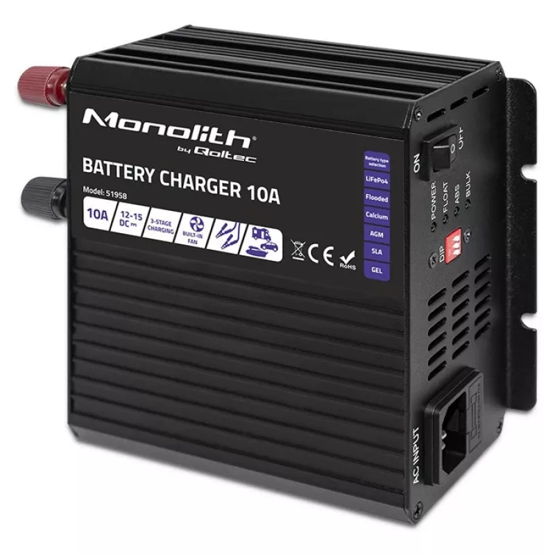 Qoltec Smart Monolith akumulatoru lādētājs LiFePO4 AGM GEL SLA | 10A | 12V